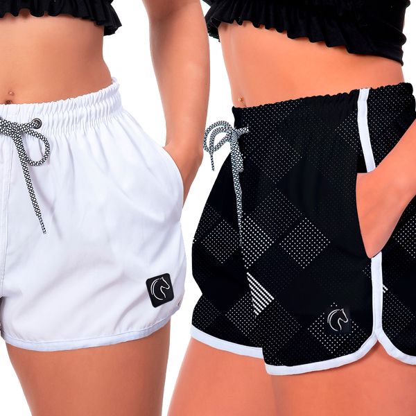 Kit 2 Shorts Feminino Branco e Losango Moda Praia ou Academia W2 Premium