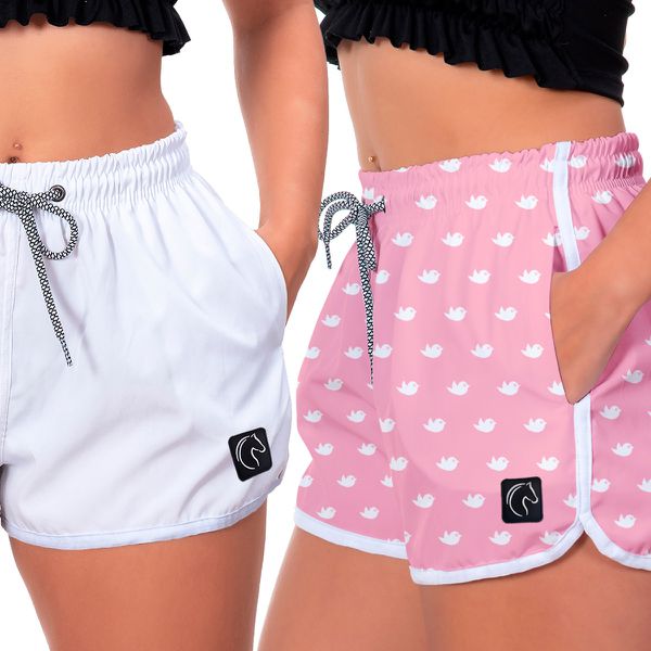 Kit 2 Shorts Feminino Branco e Passarinhos Moda Praia ou Academia W2 Premium