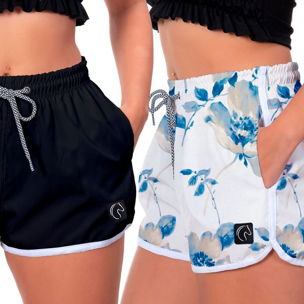 Kit 2 Shorts Feminino Preto e Flores Azuis Moda Praia ou Academia W2 Premium