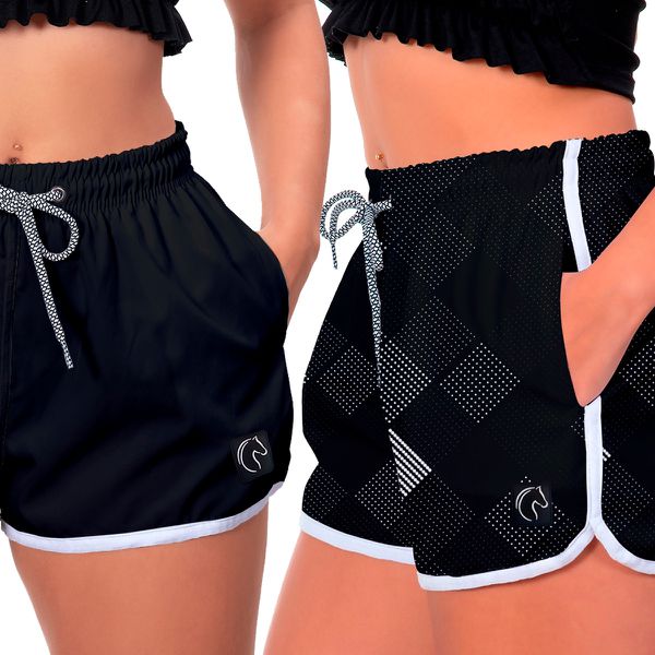 Kit 2 Shorts Feminino Preto e Losango Moda Praia ou Academia W2 Premium