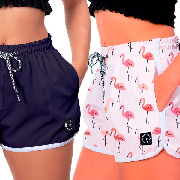 Kit 2 Shorts Feminino Azul e Flamingos Moda Praia ou Academia W2 Premium