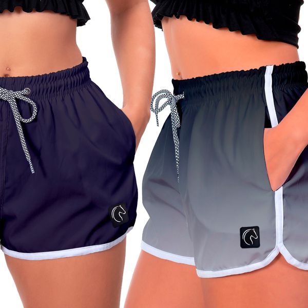 Kit 2 Shorts Feminino Azul e Degradê Preto Moda Praia ou Academia W2 Premium