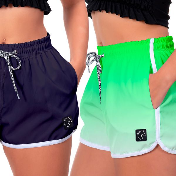 Kit 2 Shorts Feminino Azul e Degradê Verde Moda Praia ou Academia W2 Premium