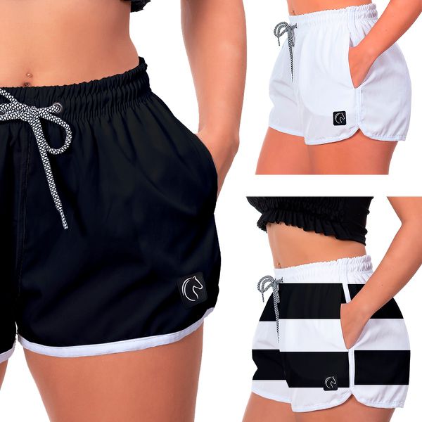 Kit 3 Shorts Feminino Preto Branco e Listras Preto Moda Praia ou Academia W2 Premium