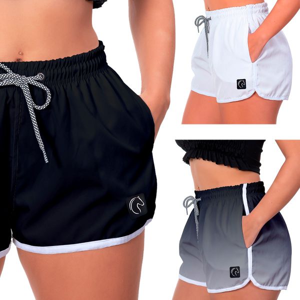 Kit 3 Shorts Feminino Preto Branco e Degradê Preto Moda Praia ou Academia W2 Premium