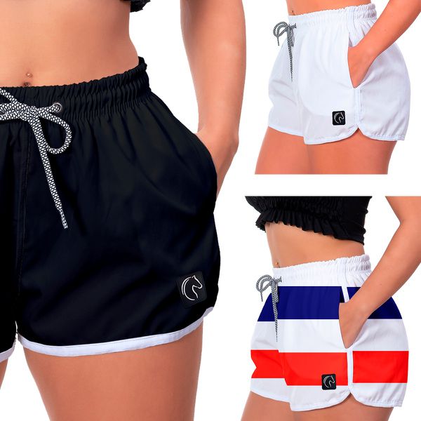 Kit 3 Shorts Feminino Preto Branco e Listrado Moda Praia ou Academia W2 Premium