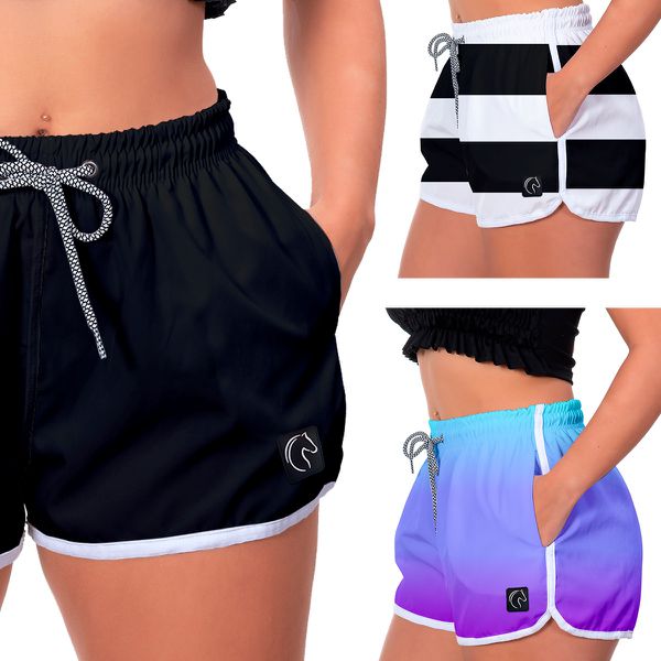 Kit 3 Shorts Feminino Preto Listras Preto e Degradê Roxo Moda Praia ou Academia W2 Premium