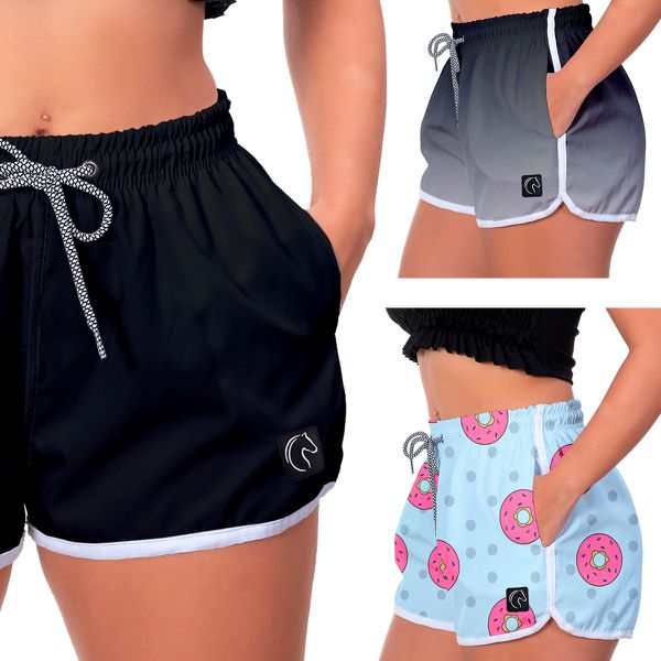 Kit 3 Shorts Feminino Preto Degradê Preto e Rosquinhas Moda Praia ou Academia W2 Premium