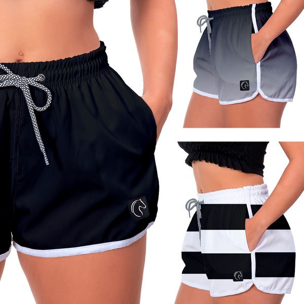 Kit 3 Shorts Feminino Preto Degradê Preto e Listras Preto Moda Praia ou Academia W2 Premium