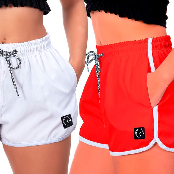 Kit 2 Shorts Feminino Branco e Vermelho Moda Praia ou Academia W2 Premium