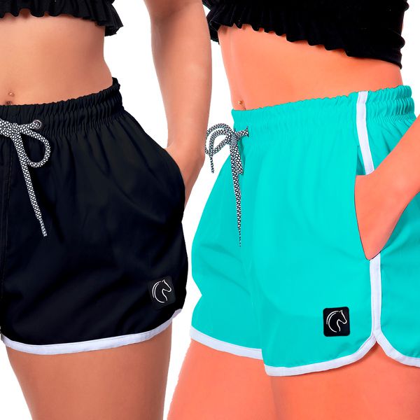 Kit 2 Shorts Feminino Preto e Azul Bebê Moda Praia ou Academia W2 Premium