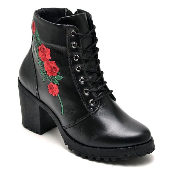 Ankle Boot Bordado Salto Alto Tratorado Preto