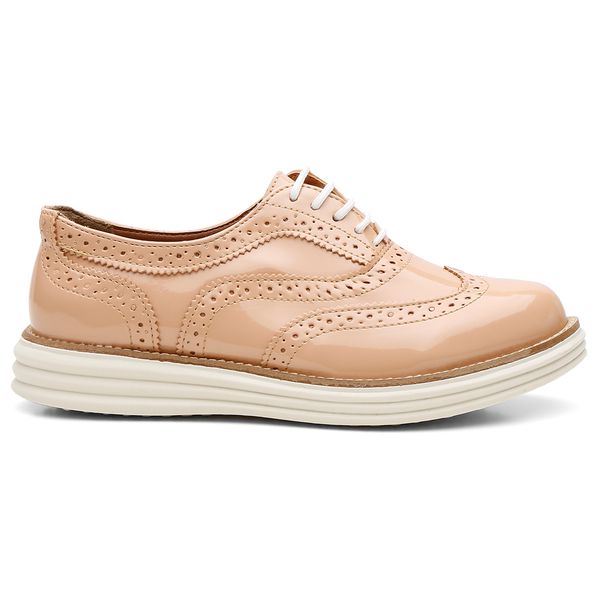 Oxford Brogue Verniz Feminino Solado EVA Flexível Versátil Nude