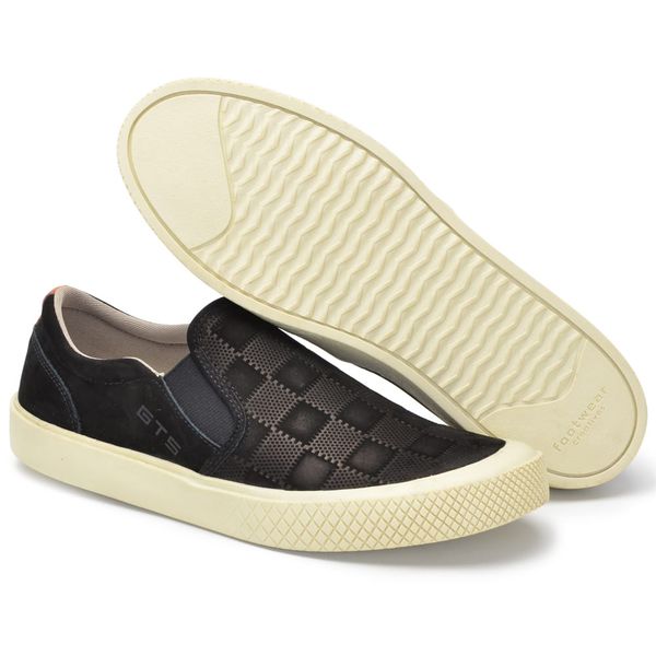 Slip On Couro Nobuck Masculino Solado Natural Emborrachado Preto