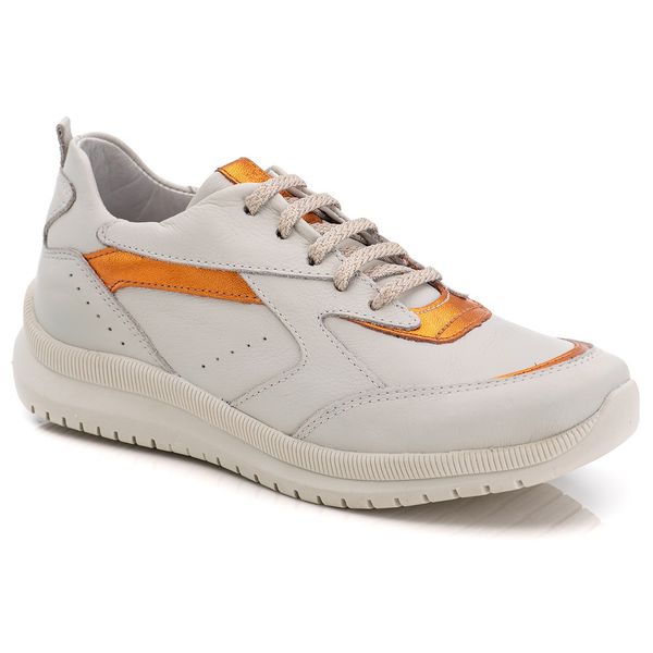 Tênis Casual Couro Detalhes Metalizados Off White / Laranja