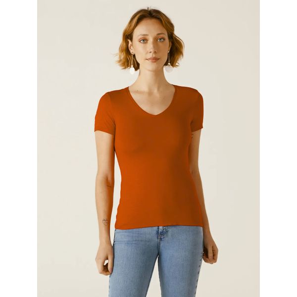 Blusa Básica Feminina Decote V Em Viscose Stretch Terracota