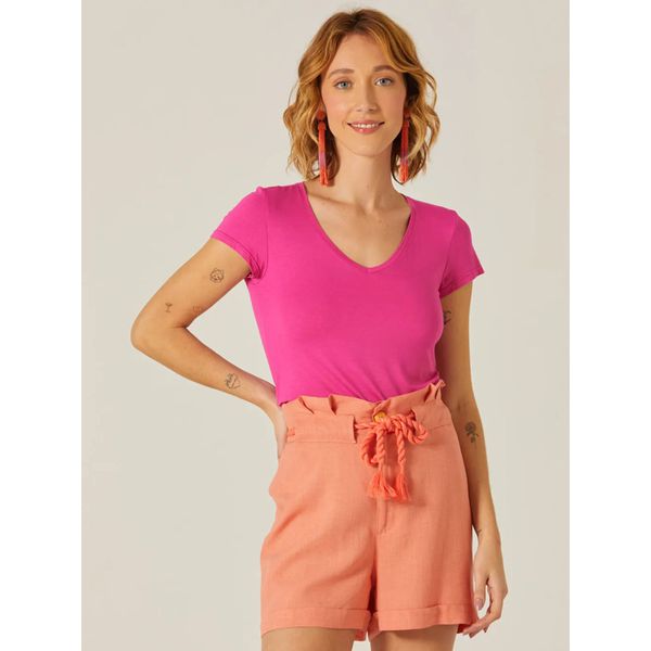 Blusa Básica Feminina Mullet Decote V Em Viscose Stretch Pink