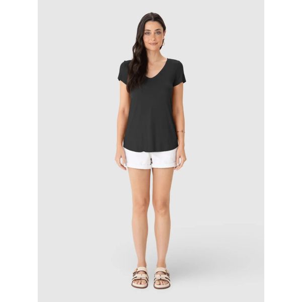 Blusa Básica Feminina Mullet Decote V Em Viscose Stretch Preto