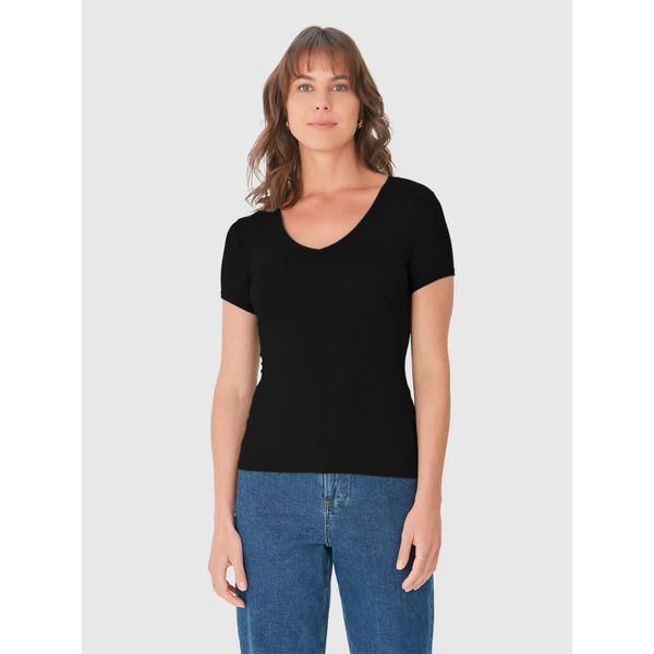Blusa Básica Feminina Decote V Em Viscose Stretch Preto