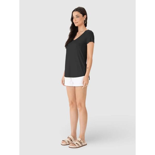 Blusa Básica Feminina Mullet Decote V Em Viscose Stretch Preto