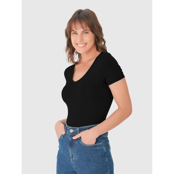 Blusa Básica Feminina Decote V Em Viscose Stretch Preto