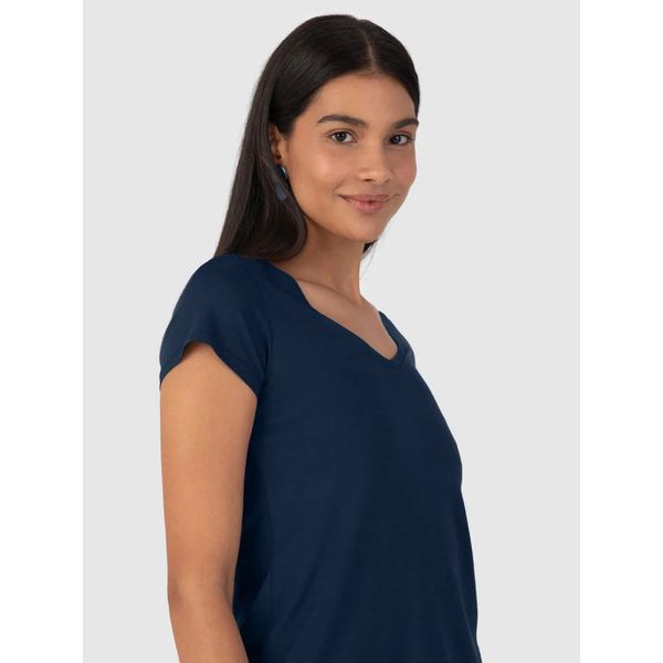 Blusa Básica Feminina Mullet Decote V Em Viscose Stretch Azul Marinho