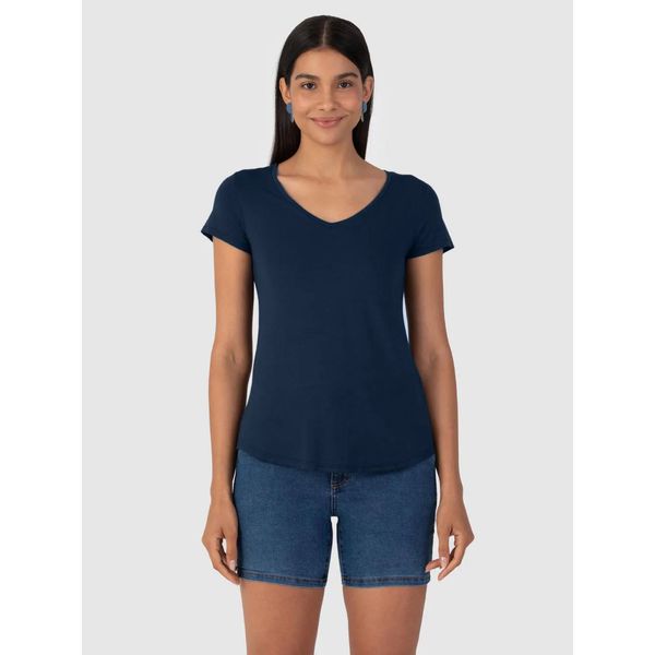 Blusa Básica Feminina Mullet Decote V Em Viscose Stretch Azul Marinho