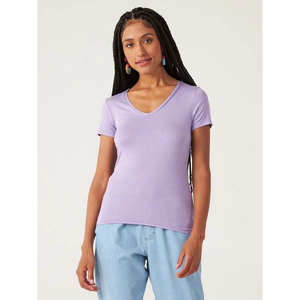 Blusa Básica Feminina Decote V Em Viscose Stretch Lilás