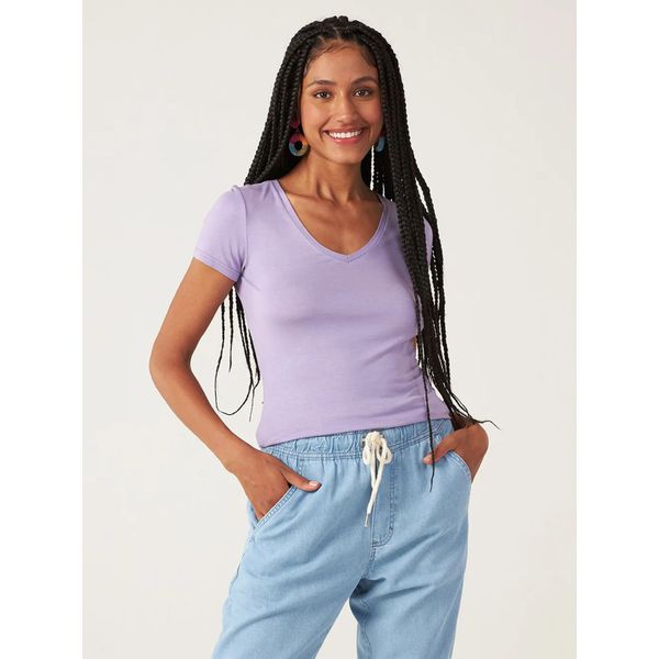 Blusa Básica Feminina Decote V Em Viscose Stretch Lilás