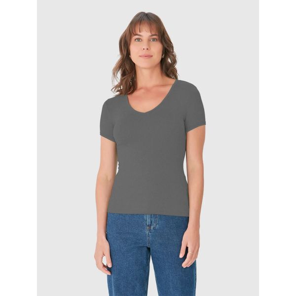 Blusa Básica Feminina Decote V Em Viscose Stretch Cinza