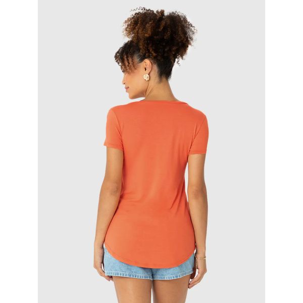 Blusa Básica Feminina Mullet Decote V Em Viscose Stretch Laranja Escuro