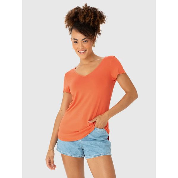 Blusa Básica Feminina Mullet Decote V Em Viscose Stretch Laranja Escuro
