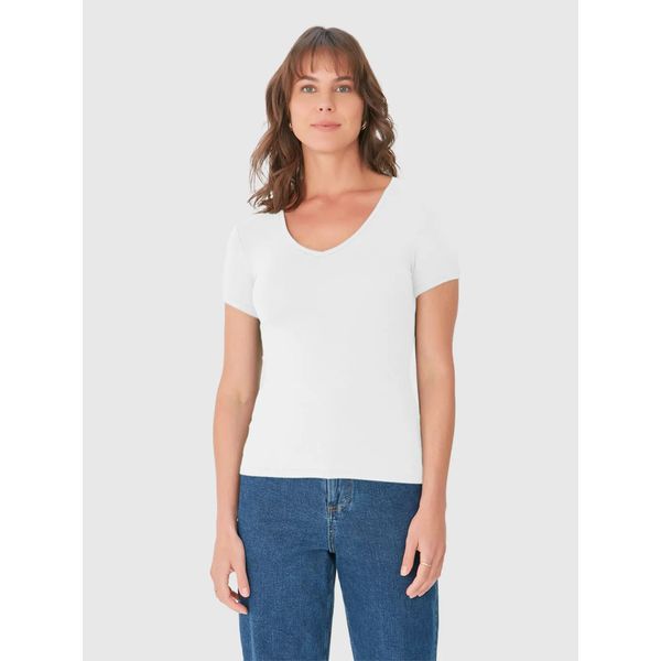 Blusa Básica Feminina Decote V Em Viscose Stretch Branco