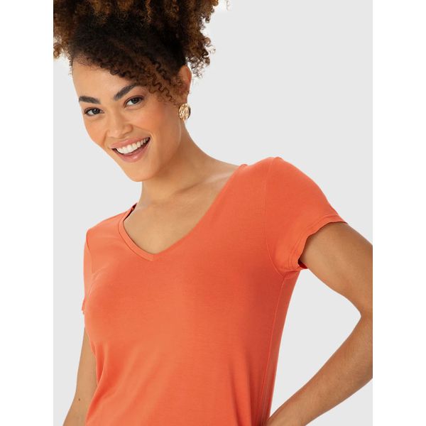Blusa Básica Feminina Mullet Decote V Em Viscose Stretch Laranja Escuro