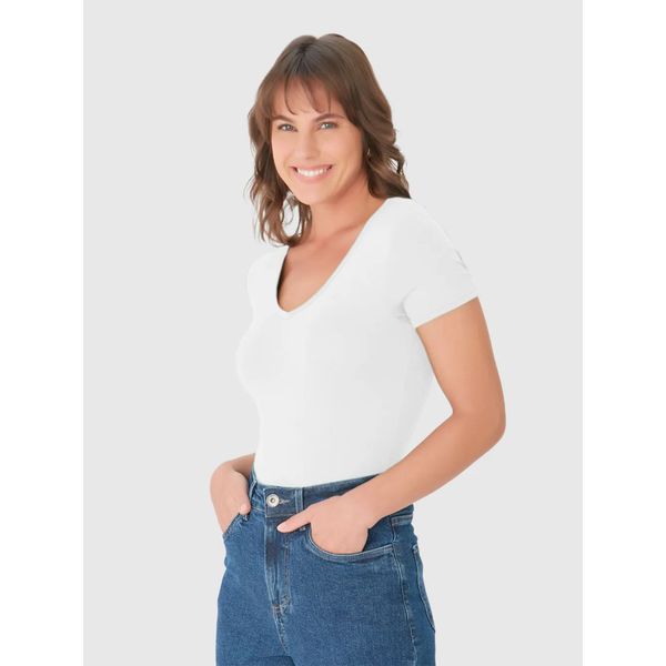 Blusa Básica Feminina Decote V Em Viscose Stretch Branco