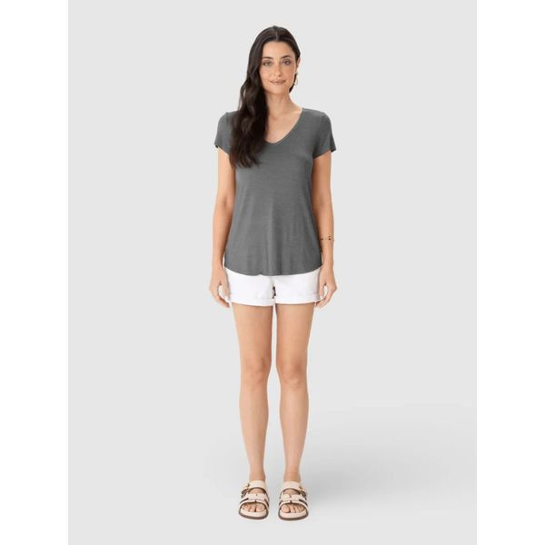 Blusa Básica Feminina Mullet Decote V Em Viscose Stretch Cinza