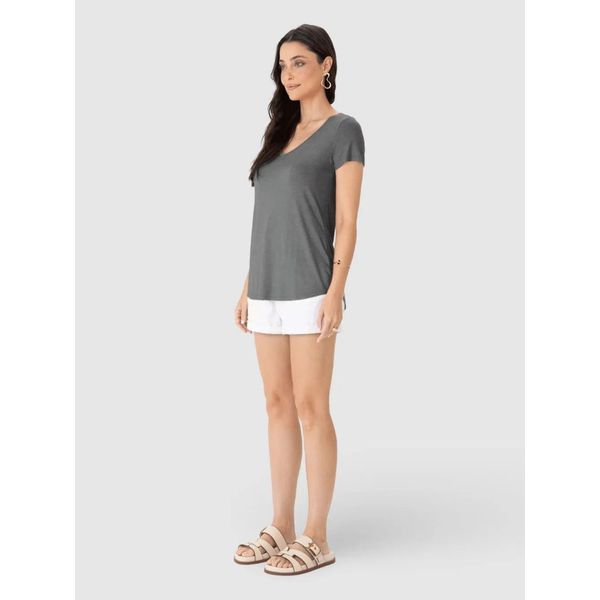 Blusa Básica Feminina Mullet Decote V Em Viscose Stretch Cinza