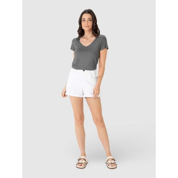 Blusa Básica Feminina Mullet Decote V Em Viscose Stretch Cinza