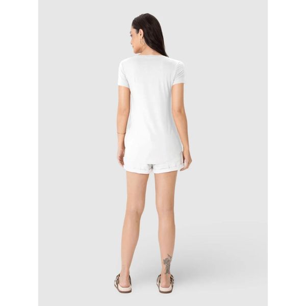 Blusa Básica Feminina Mullet Decote V Em Viscose Stretch Branco