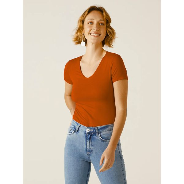 Blusa Básica Feminina Decote V Em Viscose Stretch Terracota