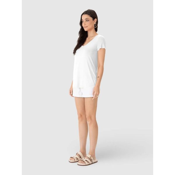 Blusa Básica Feminina Mullet Decote V Em Viscose Stretch Branco
