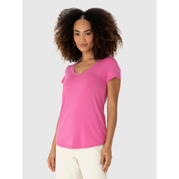 Blusa Básica Feminina Mullet Decote V Em Viscose Stretch Rosa