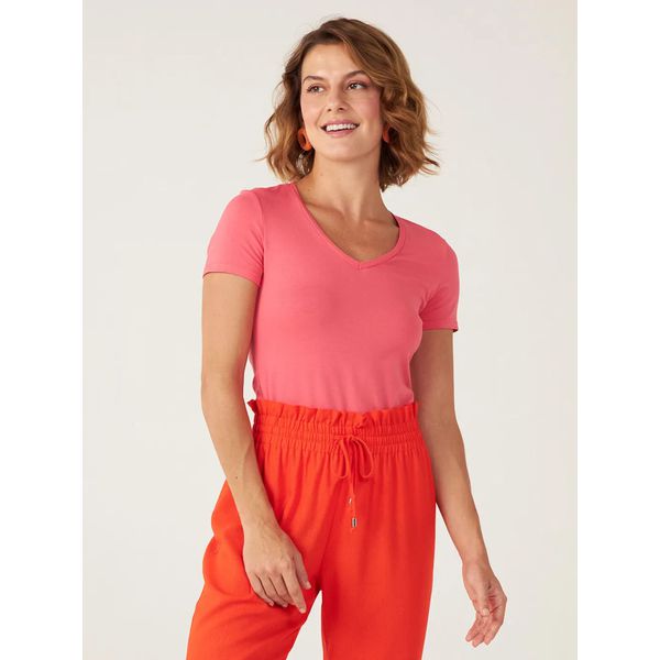 Blusa Básica Feminina Decote V Em Viscose Stretch Salmão