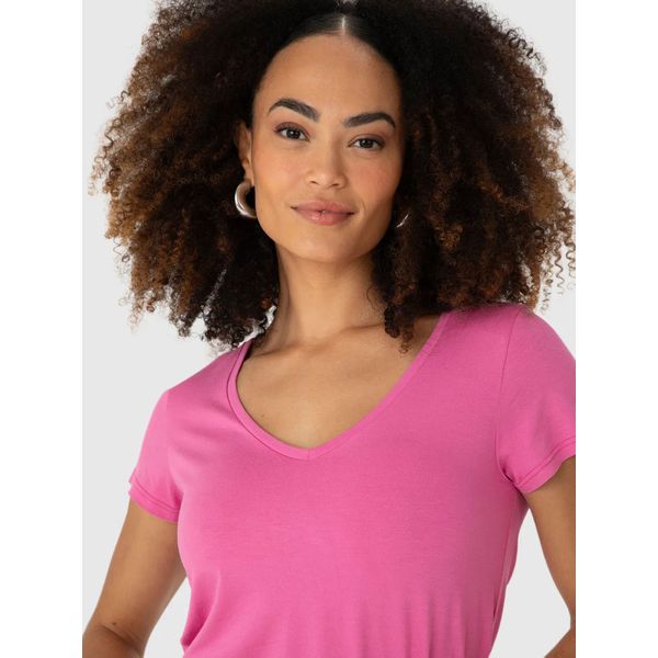 Blusa Básica Feminina Mullet Decote V Em Viscose Stretch Rosa