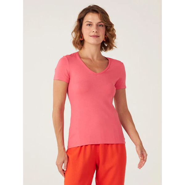 Blusa Básica Feminina Decote V Em Viscose Stretch Salmão