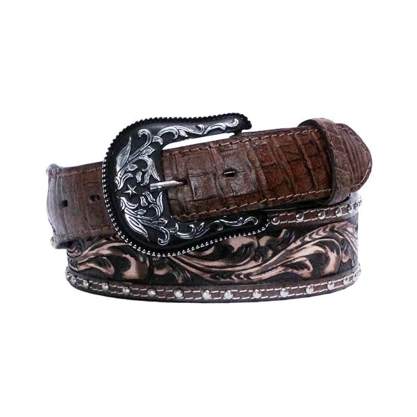Cinto Ponteira e Detalhe em Jacaré (Caiman Yacare) - Tabaco Bordado a Mão