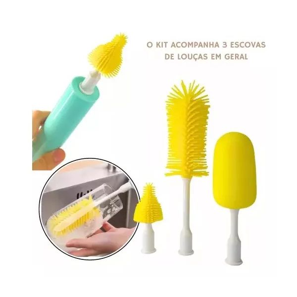 Kit Limpeza 3 Escovas para Lavar Louça Garrafas Copos Jarras Mamadeiras - ELÉTRICA Silicone