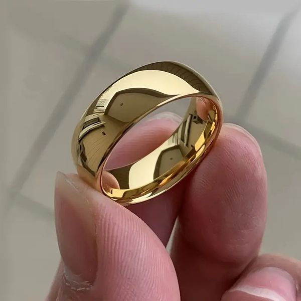 Anel de Aço Inoxidável Banhado a Ouro 18K – Aliança Clássica de Casamento – 6 mm – Acabamento Simples e Elegante – Joia Luxuosa Presente para Homens e Mulheres