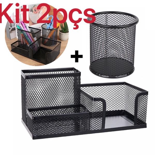 Porta Lápis + Porta Treco Organizador de Mesa de Escritório Kit caneta metal aramado