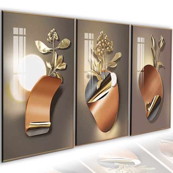 Quadros Decorativos de Parede 3 Peças Nordic Flor Dourada 3D Folhas Gold Sala Quarto 120X60CM